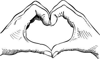 Close-up of a hand making the heart symbol. Black and white vector illustration. Hand language