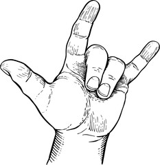 Close-up of a hand making the sign of love with fingers and rock and roll sign. Black and white vector illustration. Hand language