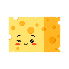 Fototapeta premium Cheese cube cute winking character with hole vector icon isolated on white background. Funny cheese winks flat design cartoon style illustration. Organic milk food mascot.