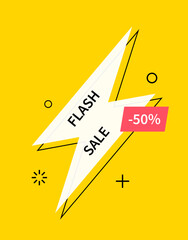 Flash sale logo with lightning, thunder, bolt and label of discount in hipster retro 3d style for offer. Vector