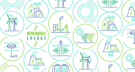 Renewable energy landscape banner. Editable vector illustration
