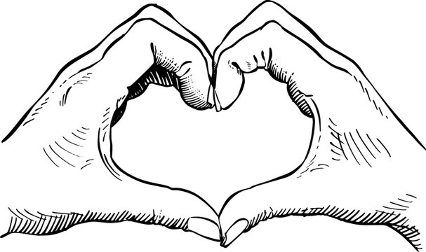 Close-up of a hand making the heart symbol. Black and white vector illustration. Hand language