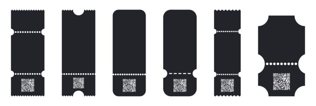 Ticket, coupon, raffles templates with qrcodes. Blank paper mockups for event, cinema, label, theater, movie, concert and airplane travel. Invitation, lottery, vintage empty card. Vector