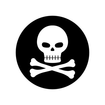 Pirate black mark badge with skull and cross bones vector illustration. Corsair seal black circle label - halloween or patry props. Flat design cartoon style image.