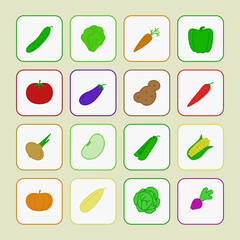 vector vegetable icon color flat style set with corn, pepper, pea, bean, radish, pumpkin, tomato, chilli, cucumber, cabbage, potato, carrot, onion for banner sale, pattern, logo, decoration.10 eps