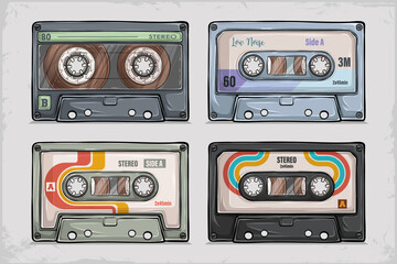 Hand drawn retro vintage music cassette set isolated, audiotapes, audio, music, media and record