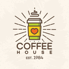 Coffee house logo with paper cup of coffee color style isolated on background for cafe, shop. Vector design elements, logos, identity, labels, badges and other branding objects. Vector illustration.