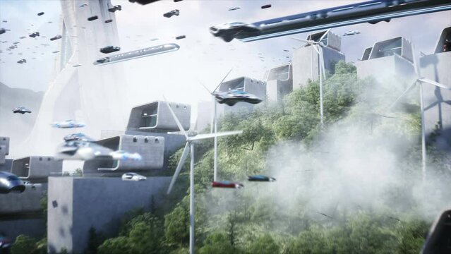 Futuristic city. flying car traffic. Robots and people in megapolice. Future concept. Dynamic trees. Realistic 4k animation.