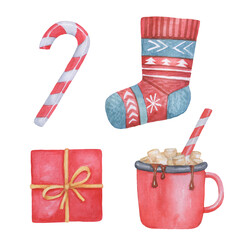 Fototapeta premium Christmas elements set. Watercolor Hot chocolate with Christmas Candy Cane with marshmallow and sock isolated on white background.