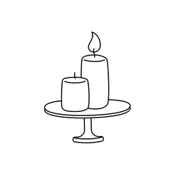 Candles in Doodle Style on a Candle Stand, Vector Flat Illustration, Isolated, Cartoon.