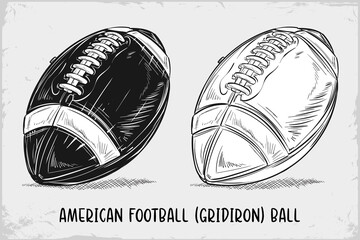 Hand drawn American football ball sketch isolated on white background, vintage etching drawing