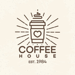 Coffee house logo with paper cup of coffee line style isolated on background for cafe, shop. Vector design elements, logos, identity, labels, badges and other branding objects. Vector illustration.