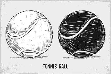 Hand drawn Tennis ball sketch isolated on white background, Detailed vintage etching drawing