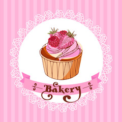 Strawberry - raspberry cupcake on a lacy napkin on a striped background. Template for a bakery Vintage illustration in sketch style in pink colors. For menu, pastry shop, invitation, postcard, poster.