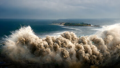 Ein Tsunami bricht an der Küste - obrazy, fototapety, plakaty