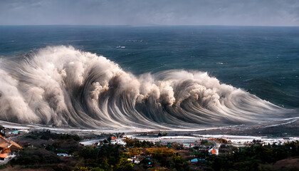 Ein Tsunami rollt auf die Küste zu - obrazy, fototapety, plakaty