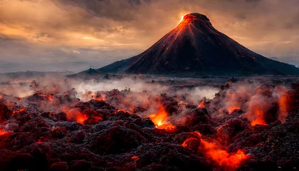 Foto op Canvas Magma und Lavastrom mit einem Vulkan im Hintergrund © Scheidle-Design