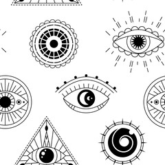 Evil eye seamless pattern. Mystic line eyes. Magic, witchcraft or occult symbol. Hamsa eye, magical eye, decor element.