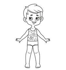 Cute cartoon boy with classic haircut dressed in underwear barefoot outline for coloring on a white background