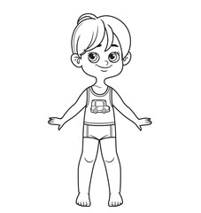 Cute cartoon boy with classic haircut dressed in underwear barefoot outline for coloring on a white background