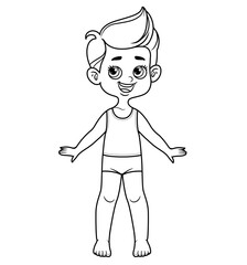 Cute cartoon boy with tufted hair dressed in underwear barefoot outline for coloring on a white background