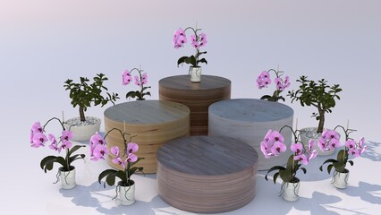 Abstract white 3D room with realistic wooden cylinder pedestal podium set and flower plant.
