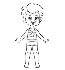 Cute cartoon boy with tufted hair dressed in underwear barefoot outline for coloring on a white background