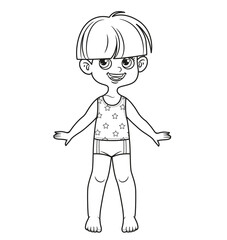 Cute cartoon boy with tufted hair dressed in underwear barefoot outline for coloring on a white background