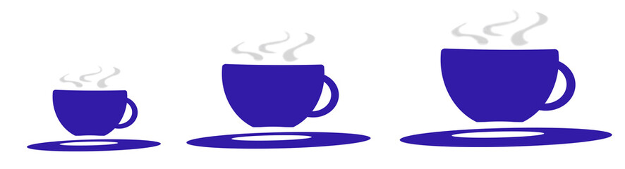 three different sizes of hot beverages icon, blue