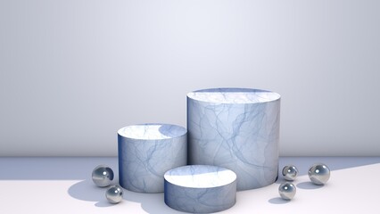 Abstract white 3D room with realistic white tiles cylinder pedestal podium set and silver marble.