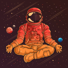 Hand drawn vintage astronaut in spacesuit doing yoga gesture, astronaut meditation yoga in the space