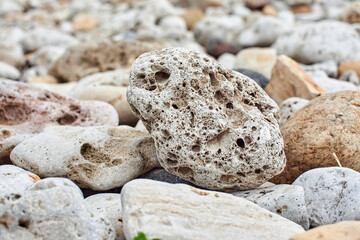 Sea round stone in a hole, white on a blurred background of sea pebbles. Porous sea stone.