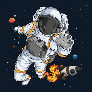 Hand drawn astronaut in spacesuit fling in the space with space rocket behind, cosmonaut in space