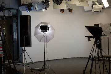 Television studio with various lighting fixtures. Modern TV business