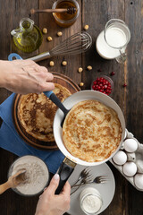Large pancakes recipe, homemade rustic style, top view