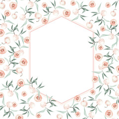 Watercolor card with green leaves and peaches. Illustration