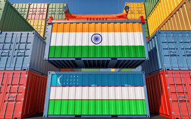 Fototapeta premium Cargo containers with Uzbekistan and India national flags. 3D Rendering