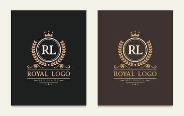 Letter RL crown monogram. Elegant logo and creative typography. The vintage emblem for book design, brand name, business card, restaurant, boutique, hotel, cafe, badge, label. Vector symbol.