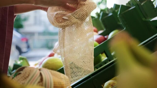 Woman picking fruits in knitted eco bag at farmer's market, side view, sustainable shopping.
