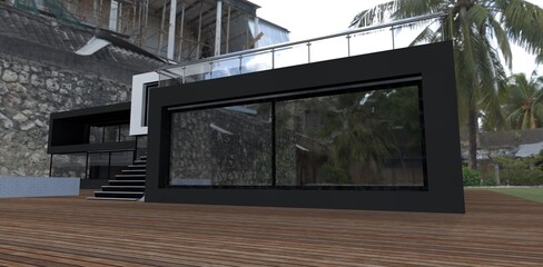 Conceptual design of an advanced villa in the old part of the city. Spacious decked yard. 3d render.