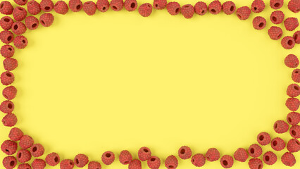 Raspberries on a yellow background. Raspberry frame. Empty space inside the frame for advertising, inscriptions, items. Berry background. 3D rendering illustration