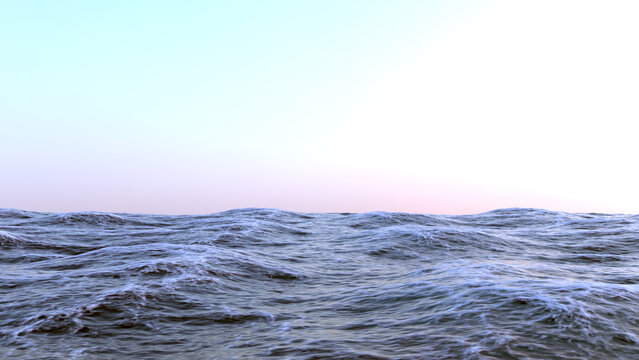 The ocean against the background of a mother-of-pearl sunset sky. Foamy ocean waves. 3D rendering illustration