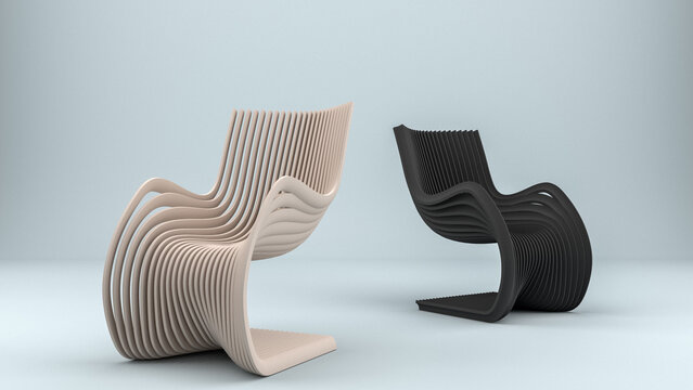 Two pipo chairs in beige and black on a light blue pastel background. The concept of furniture production. furniture advertisement. 3D rendering illustration