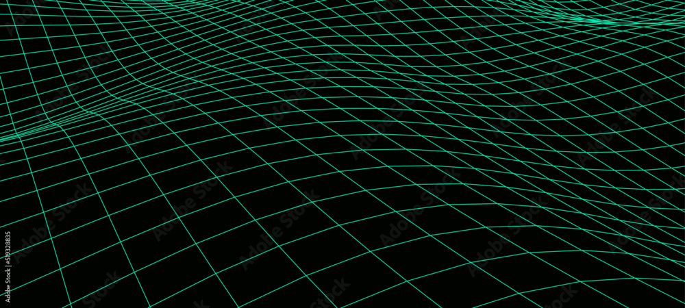 Poster abstract vector distorted technology wireframe wave. curve surface background. dark background with 