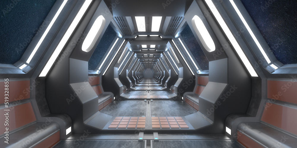 Sticker 3d render. Futuristic corridor interior design