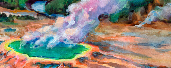 Naklejka premium Yellowstone Grand Prismatic Spring. Banner from a series of USA National Parks. Hand-painted panoramic background.