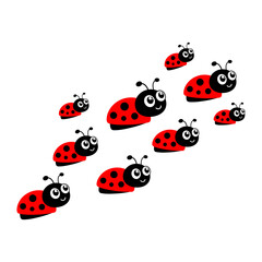 Ladybugs line group. Cute ladybirds trail set. Vector illustration isolated on white.