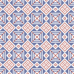 Scandinavian cross-stitch snowflake design, red and blue squares and rhombuses, seamless pattern
