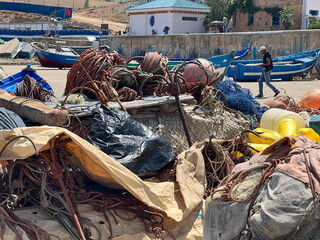 Fototapeta na wymiar Closeup of fishing nets on a port