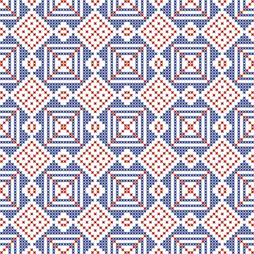 Scandinavian cross-stitch snowflake design, red and blue squares and rhombuses, seamless pattern